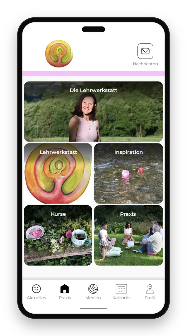 Startbildschirm der App Die Lehrwerkstatt mit Bereichen für Kurse, Praxis und Inspiration